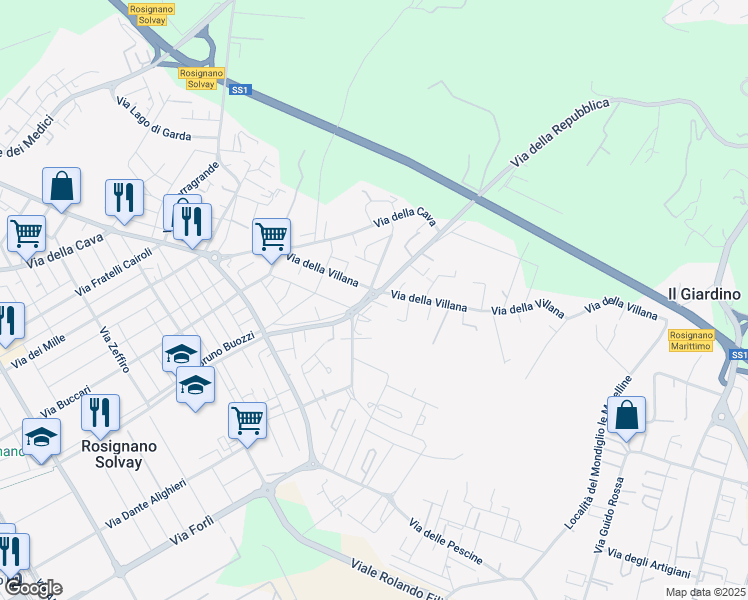 map of restaurants, bars, coffee shops, grocery stores, and more near 120A Via della Repubblica in Rosignano Solvay-Castiglioncello