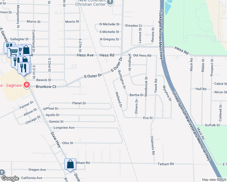 map of restaurants, bars, coffee shops, grocery stores, and more near 2954 Welland Drive in Saginaw