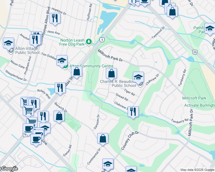 map of restaurants, bars, coffee shops, grocery stores, and more near 4256 Sarazen Drive in Burlington