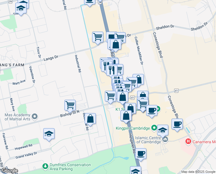 map of restaurants, bars, coffee shops, grocery stores, and more near 450 Hespeler Road in Cambridge