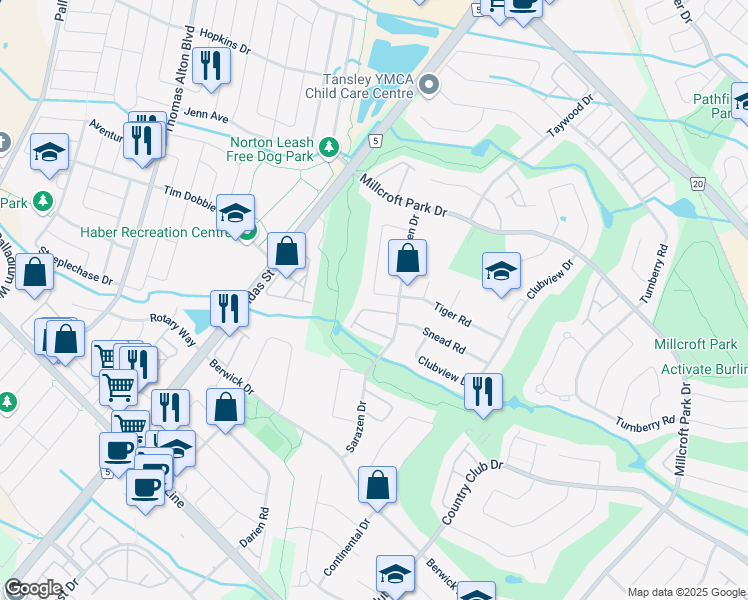map of restaurants, bars, coffee shops, grocery stores, and more near 4265 Couples Crescent in Burlington
