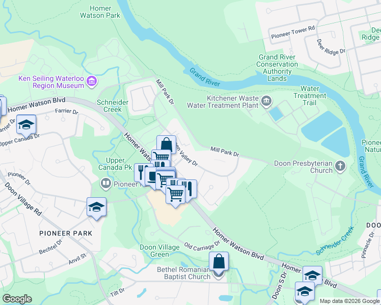 map of restaurants, bars, coffee shops, grocery stores, and more near 85 Green Valley Drive in Kitchener