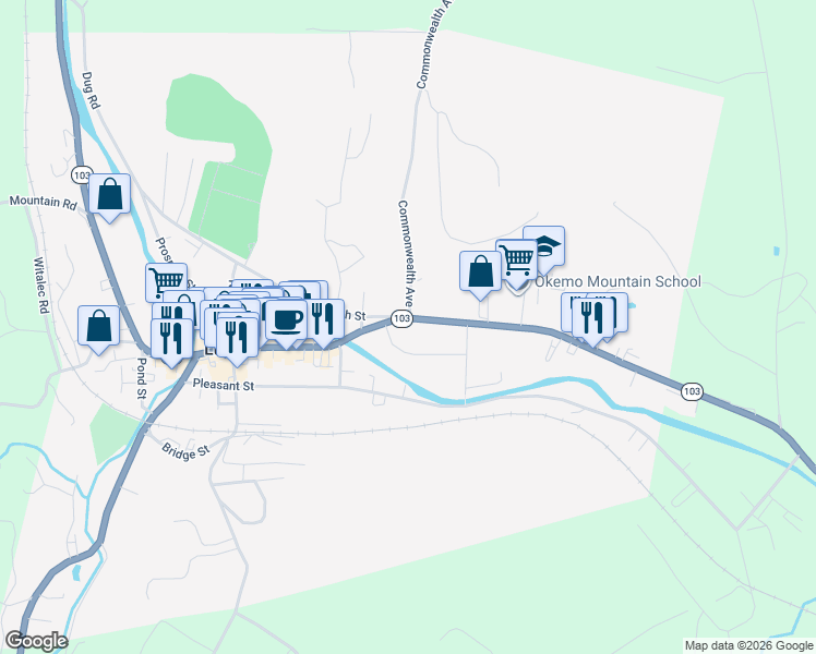 map of restaurants, bars, coffee shops, grocery stores, and more near 2 Meadow Street in Ludlow