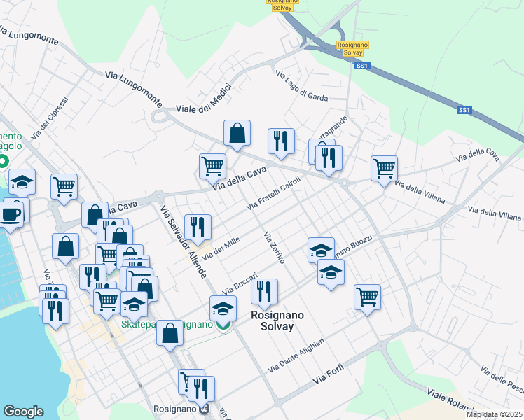 map of restaurants, bars, coffee shops, grocery stores, and more near 40 Via Fratelli Bandiera in Rosignano Solvay-Castiglioncello