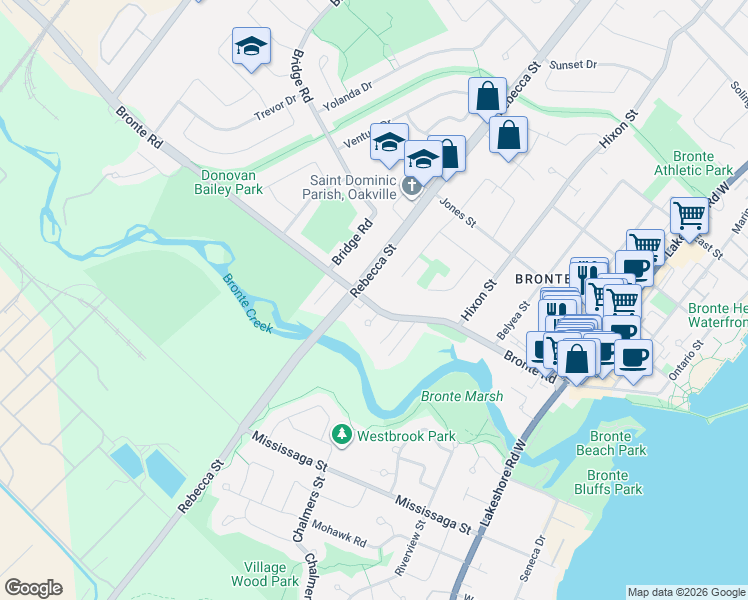 map of restaurants, bars, coffee shops, grocery stores, and more near 284 Bronte Road in Oakville