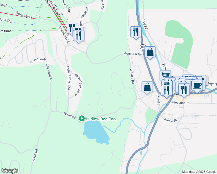 map of restaurants, bars, coffee shops, grocery stores, and more near 8 Okemo Acres in Windsor County