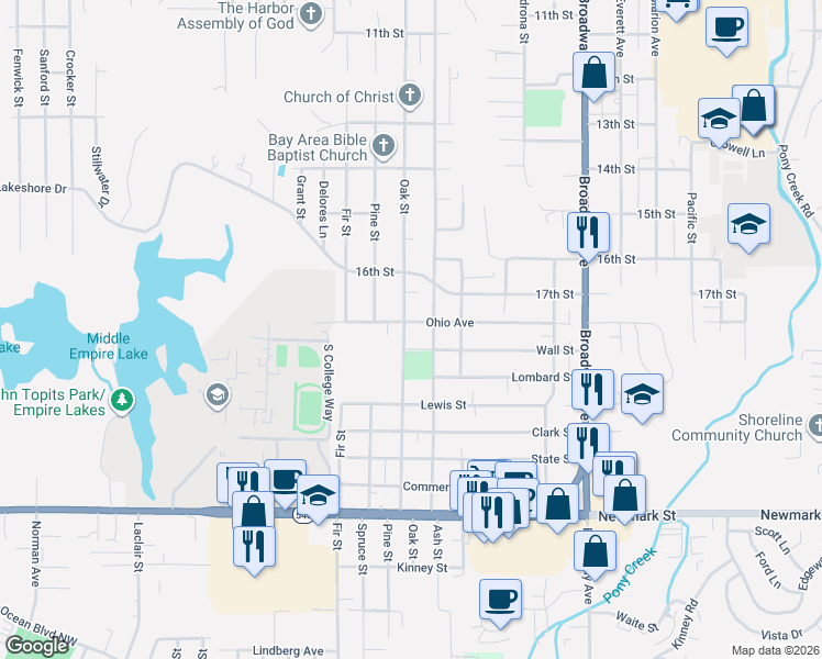 map of restaurants, bars, coffee shops, grocery stores, and more near 2713 Oak Street in North Bend