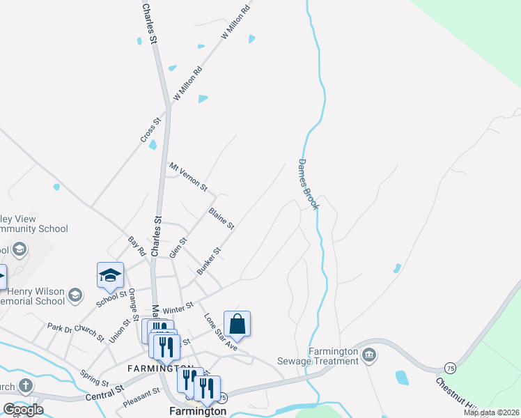 map of restaurants, bars, coffee shops, grocery stores, and more near 71 Bunker Street in Farmington