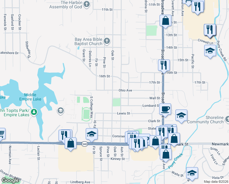 map of restaurants, bars, coffee shops, grocery stores, and more near 2713 Oak Street in North Bend