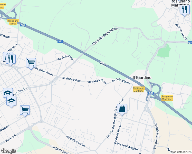 map of restaurants, bars, coffee shops, grocery stores, and more near 170 Via della Villana in Rosignano Solvay