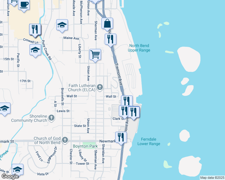 map of restaurants, bars, coffee shops, grocery stores, and more near 410 Wall Street in North Bend