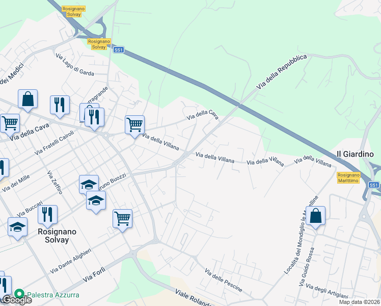 map of restaurants, bars, coffee shops, grocery stores, and more near 120A Via della Repubblica in Rosignano Solvay-Castiglioncello