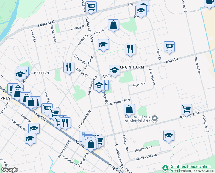map of restaurants, bars, coffee shops, grocery stores, and more near 1145 Concession Road in Cambridge