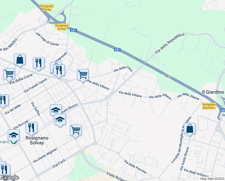 map of restaurants, bars, coffee shops, grocery stores, and more near 120 Via della Repubblica in Rosignano Solvay-Castiglioncello