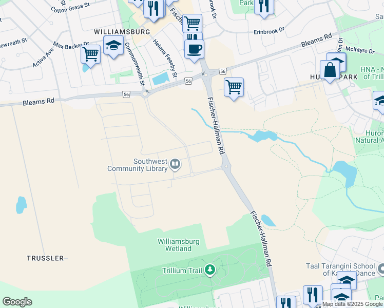 map of restaurants, bars, coffee shops, grocery stores, and more near 505 Anton Crescent in Kitchener
