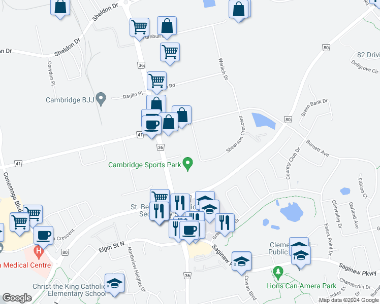 map of restaurants, bars, coffee shops, grocery stores, and more near 131 Shearson Crescent in Cambridge