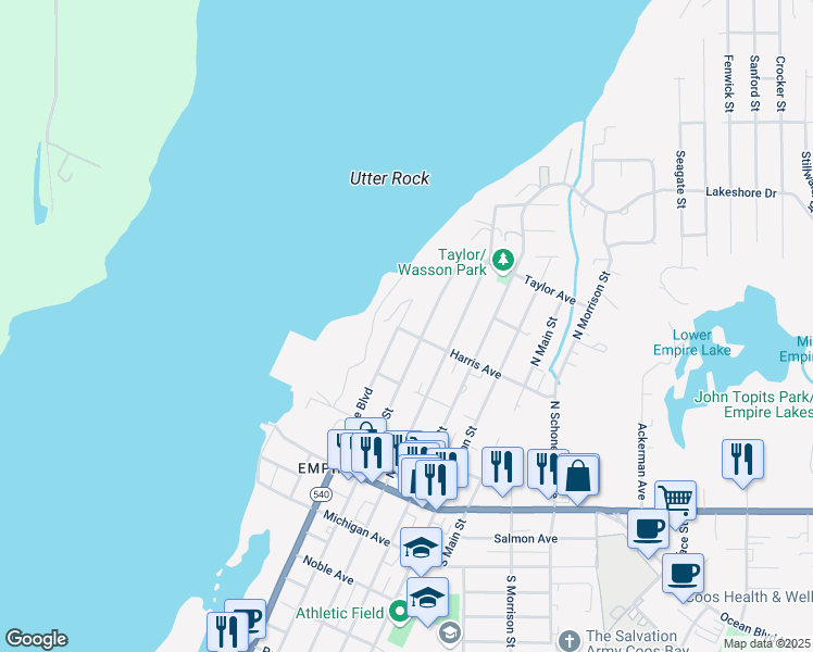 map of restaurants, bars, coffee shops, grocery stores, and more near 407 North Empire Boulevard in Coos Bay