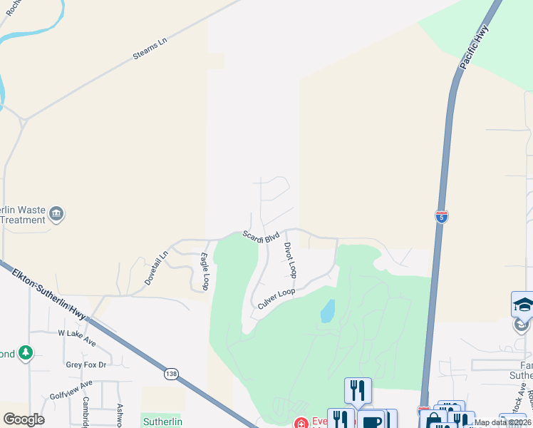 map of restaurants, bars, coffee shops, grocery stores, and more near 784 Pebble Creek Street in Sutherlin