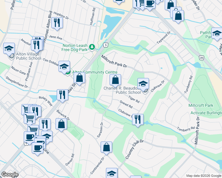 map of restaurants, bars, coffee shops, grocery stores, and more near 4267 Sarazen Drive in Burlington