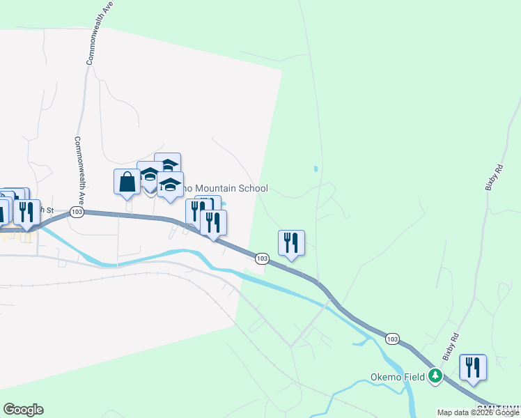 map of restaurants, bars, coffee shops, grocery stores, and more near 95 Pine Hill Road in Windsor County