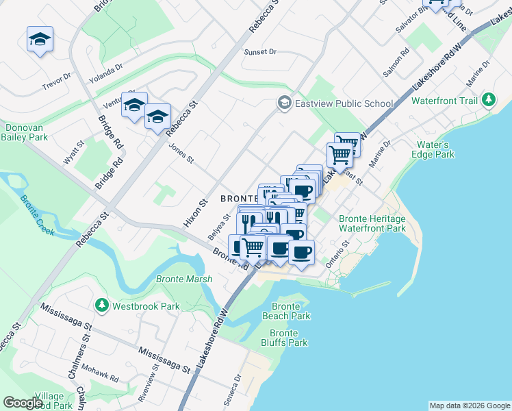 map of restaurants, bars, coffee shops, grocery stores, and more near 149 Jones Street in Oakville