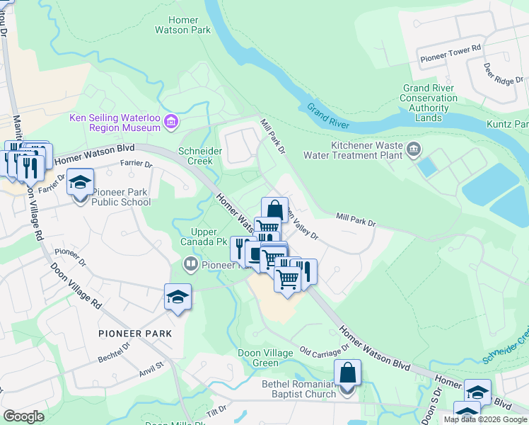 map of restaurants, bars, coffee shops, grocery stores, and more near 54 Green Valley Drive in Kitchener