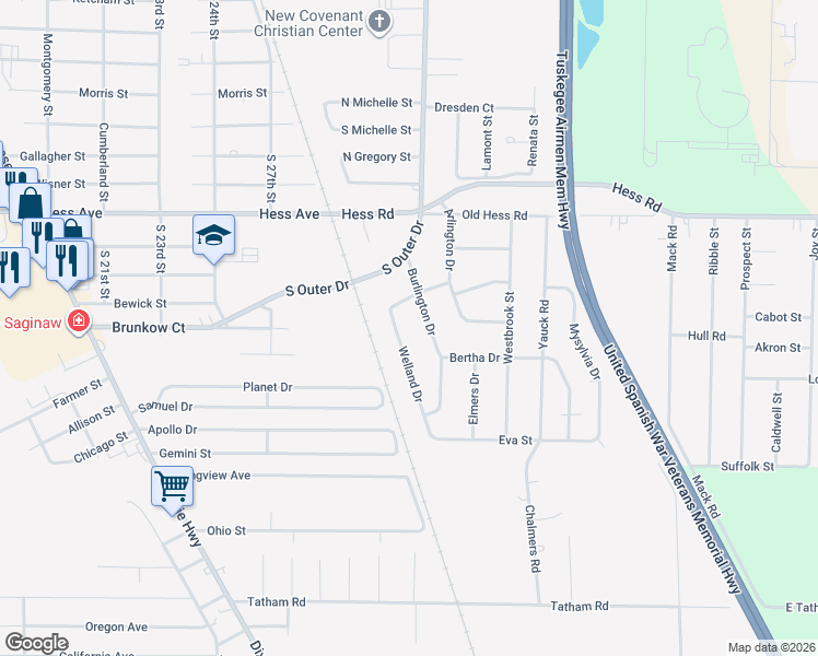 map of restaurants, bars, coffee shops, grocery stores, and more near 2954 Welland Drive in Saginaw