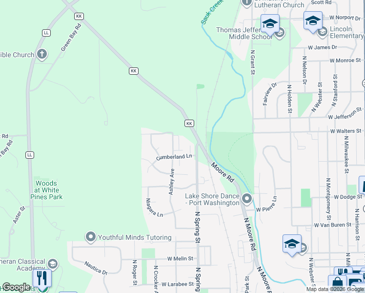 map of restaurants, bars, coffee shops, grocery stores, and more near 802 North Cumberland Lane in Port Washington