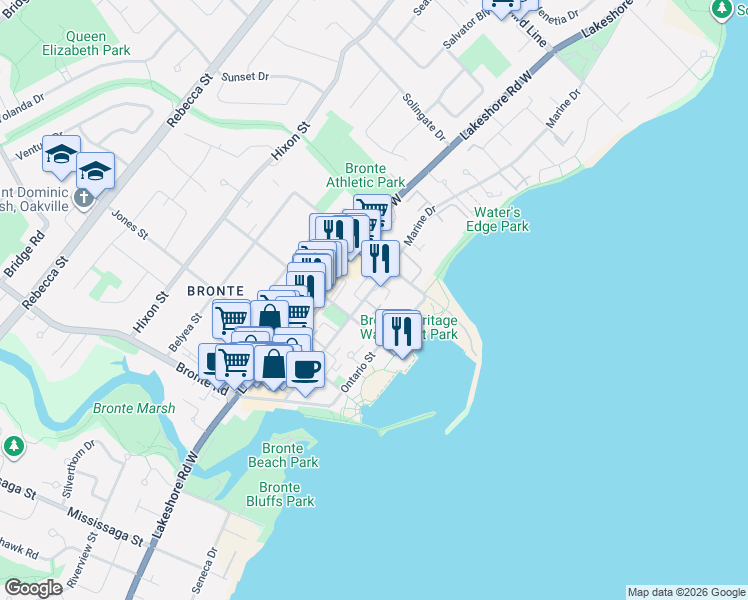 map of restaurants, bars, coffee shops, grocery stores, and more near 2314 Marine Drive in Oakville