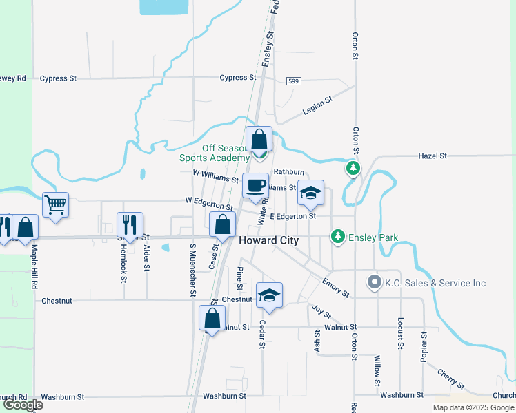 map of restaurants, bars, coffee shops, grocery stores, and more near 134 East Edgerton Street in Howard City