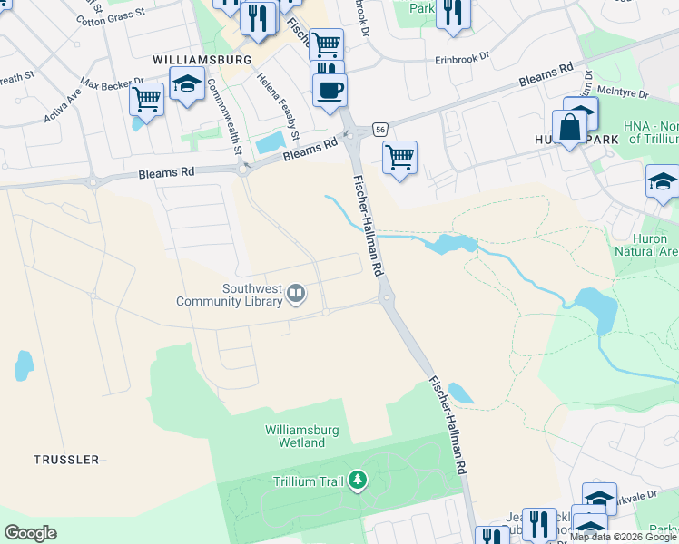 map of restaurants, bars, coffee shops, grocery stores, and more near 529 Anton Crescent in Kitchener