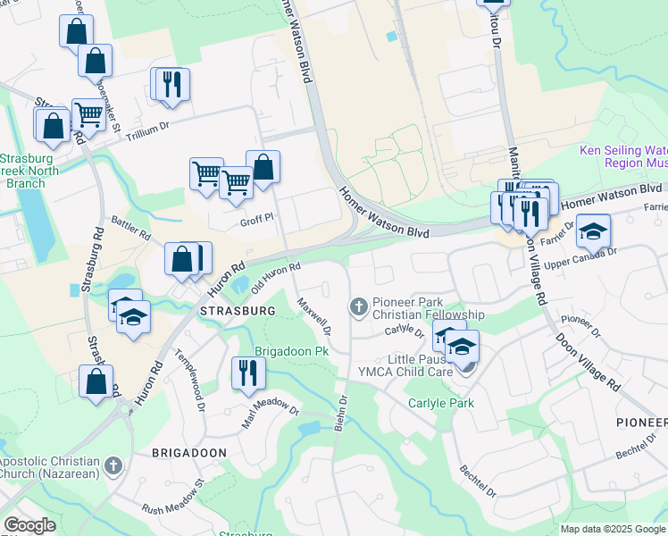 map of restaurants, bars, coffee shops, grocery stores, and more near 38 Old Huron Road in Kitchener