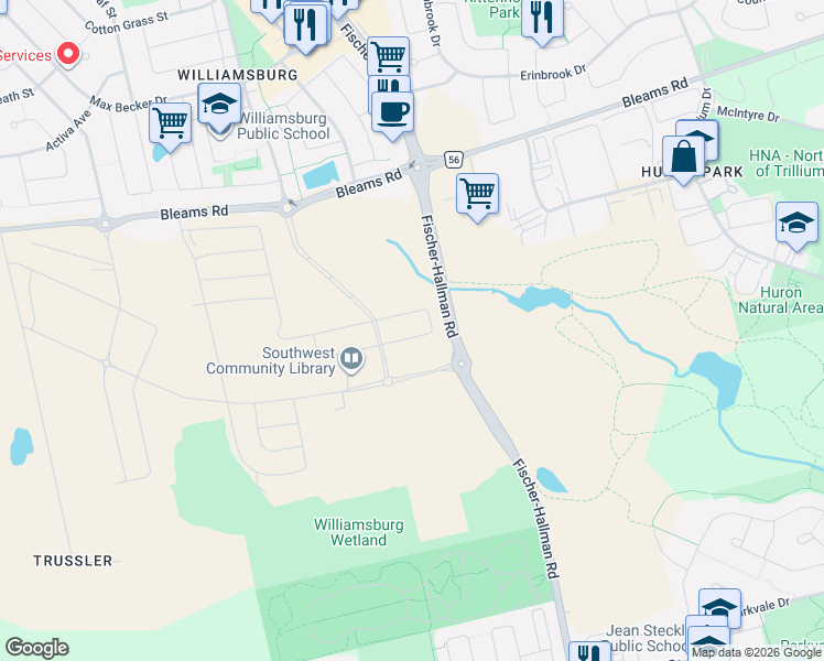 map of restaurants, bars, coffee shops, grocery stores, and more near 537 Anton Crescent in Kitchener