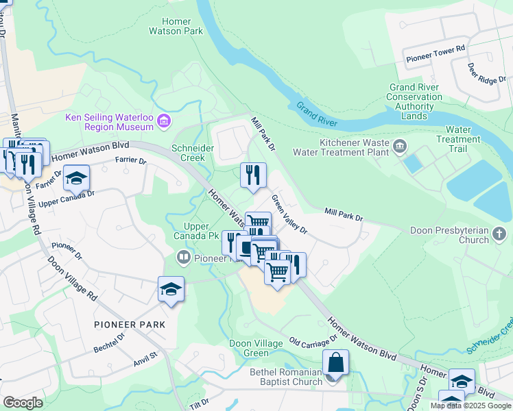 map of restaurants, bars, coffee shops, grocery stores, and more near 54 Green Valley Drive in Kitchener