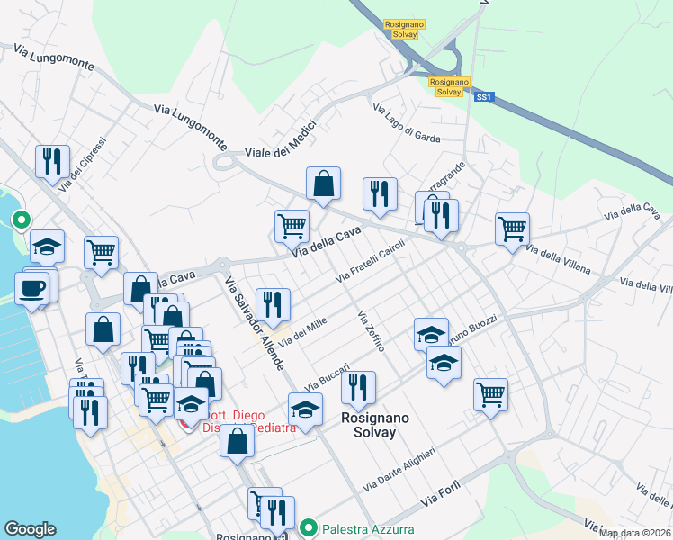 map of restaurants, bars, coffee shops, grocery stores, and more near 45 Via Fratelli Cairoli in Rosignano Solvay-Castiglioncello