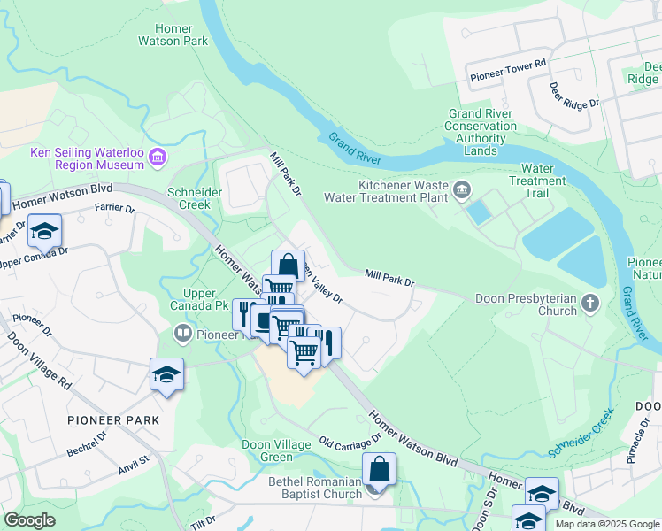 map of restaurants, bars, coffee shops, grocery stores, and more near 55 Green Valley Drive in Kitchener