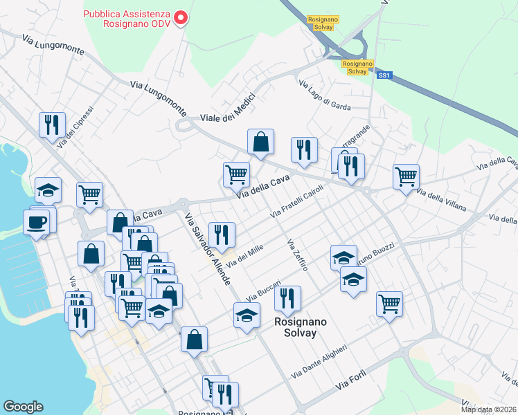 map of restaurants, bars, coffee shops, grocery stores, and more near 45 Via Fratelli Cairoli in Rosignano Solvay-Castiglioncello
