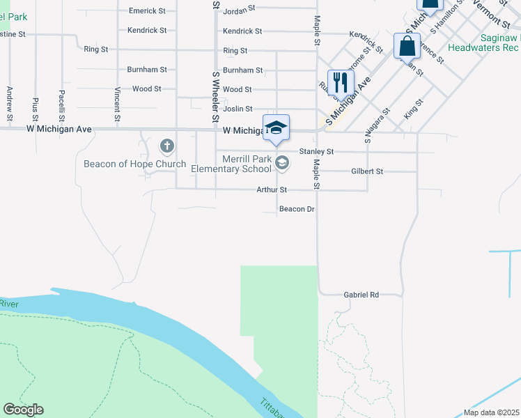 map of restaurants, bars, coffee shops, grocery stores, and more near 1800 Beacon Drive in Saginaw