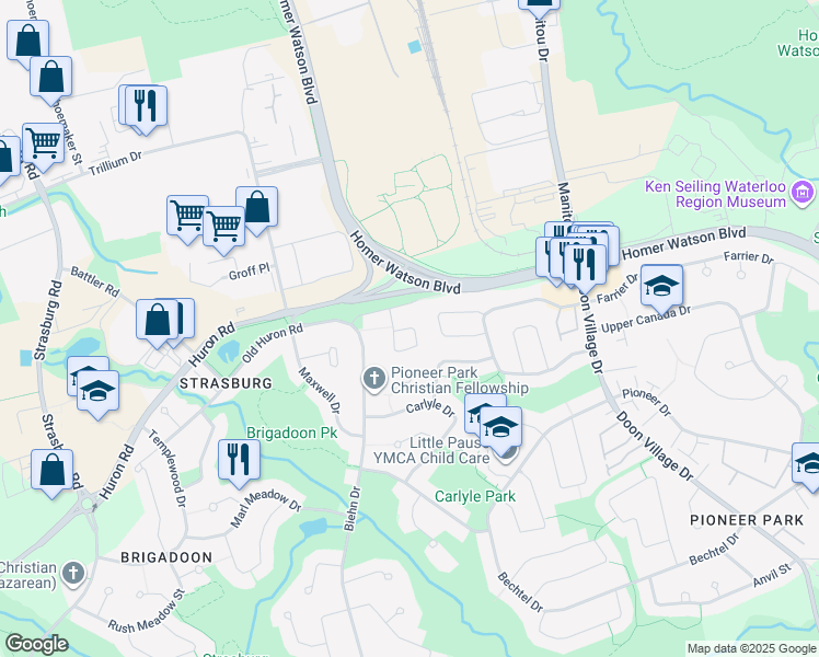 map of restaurants, bars, coffee shops, grocery stores, and more near Old Huron Court in Kitchener