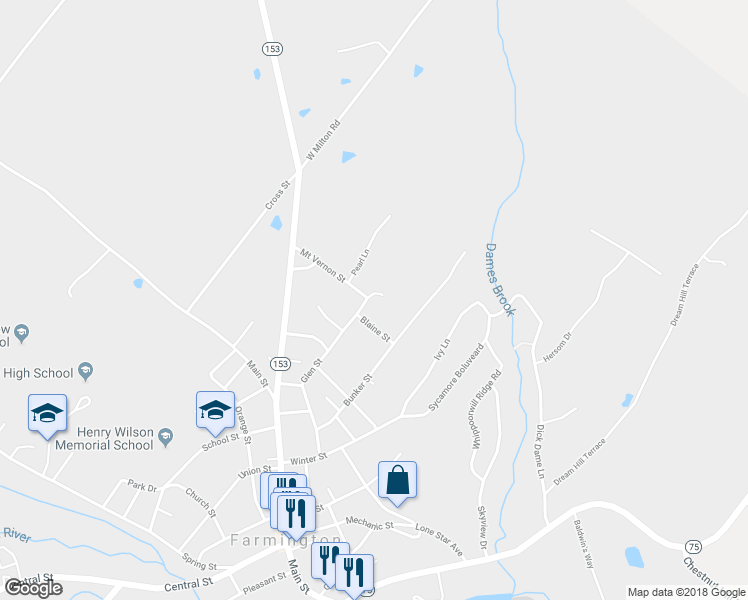 map of restaurants, bars, coffee shops, grocery stores, and more near 67 Glen Street in Farmington