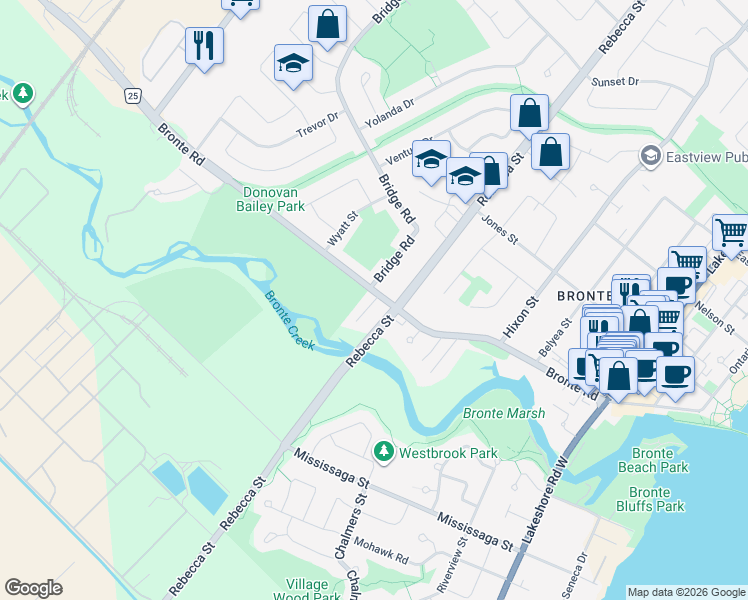 map of restaurants, bars, coffee shops, grocery stores, and more near 320 Bronte Road in Oakville