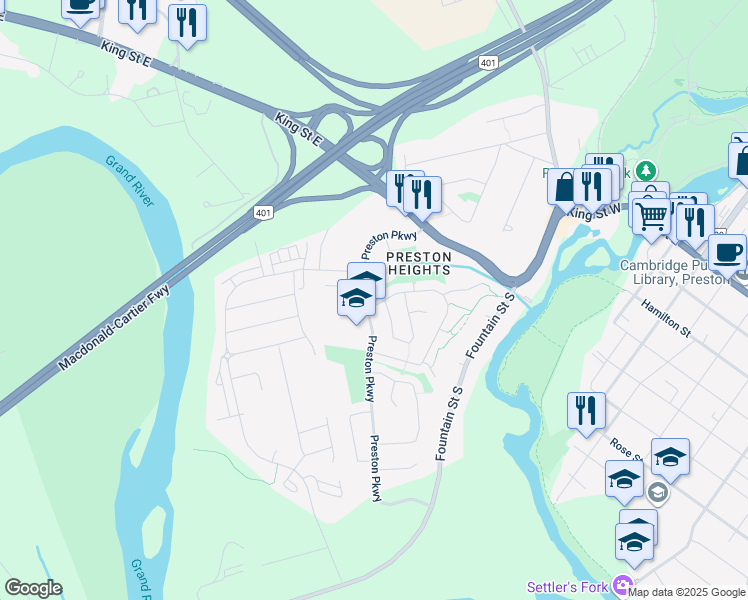 map of restaurants, bars, coffee shops, grocery stores, and more near 747 Parkview Crescent in Cambridge