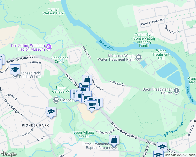 map of restaurants, bars, coffee shops, grocery stores, and more near 55 Green Valley Drive in Kitchener