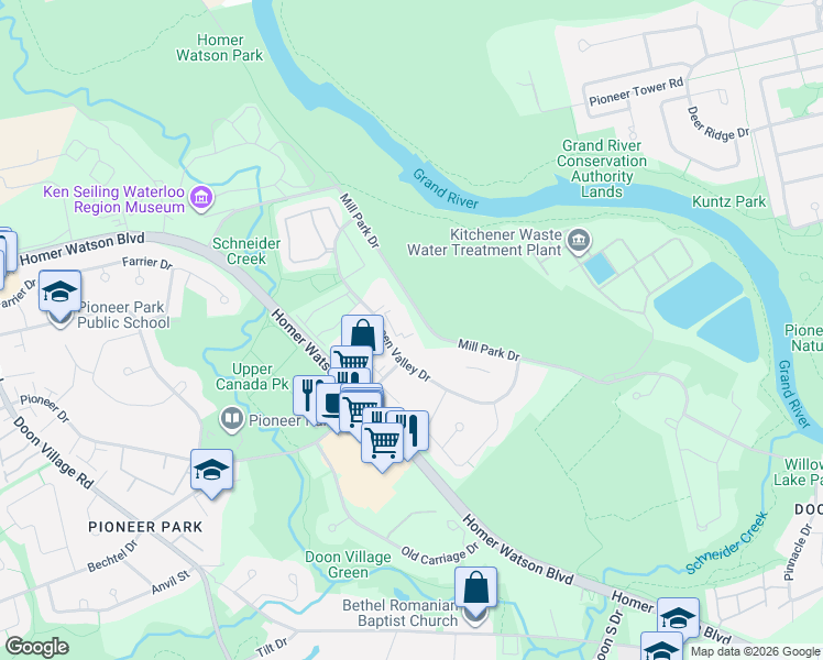 map of restaurants, bars, coffee shops, grocery stores, and more near 55 Green Valley Drive in Kitchener