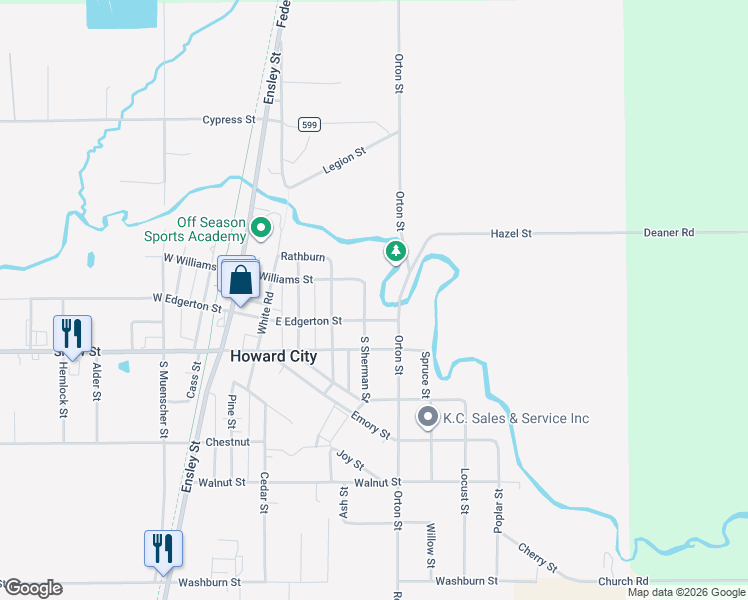 map of restaurants, bars, coffee shops, grocery stores, and more near 415 Williams Street in Howard City