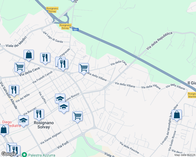 map of restaurants, bars, coffee shops, grocery stores, and more near 30A Via Raffaello Lambruschini in Rosignano Solvay-Castiglioncello
