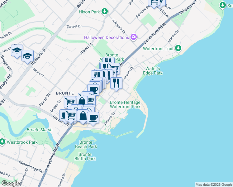 map of restaurants, bars, coffee shops, grocery stores, and more near 2300 Marine Drive in Oakville