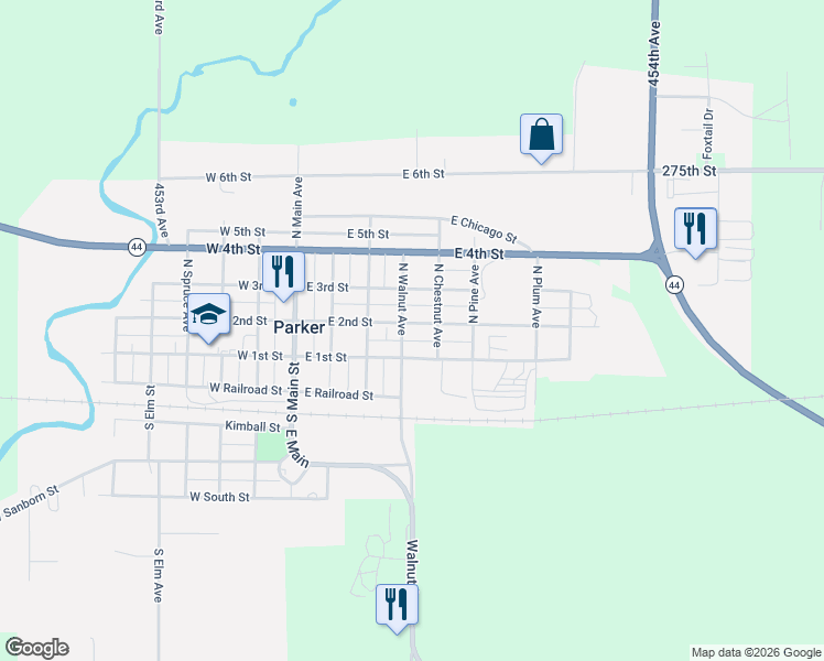 map of restaurants, bars, coffee shops, grocery stores, and more near 275-299 North Walnut Avenue in Parker