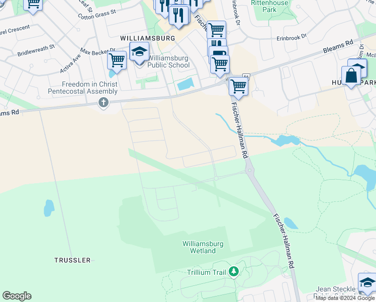 map of restaurants, bars, coffee shops, grocery stores, and more near 1415-1425 Bleams Road in Kitchener