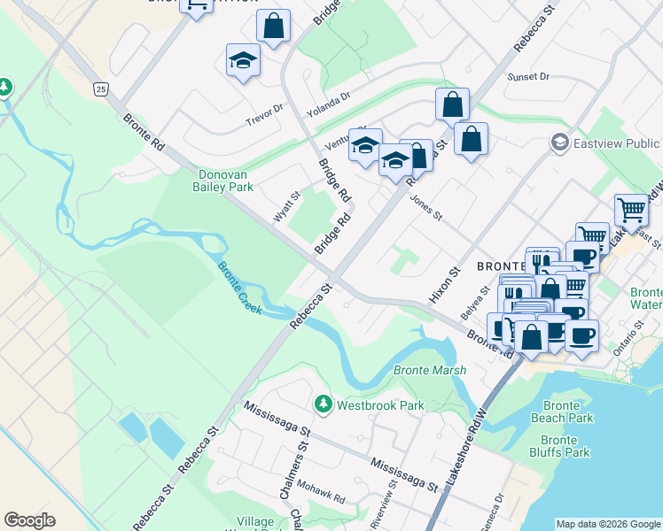 map of restaurants, bars, coffee shops, grocery stores, and more near 313 Bronte Road in Oakville